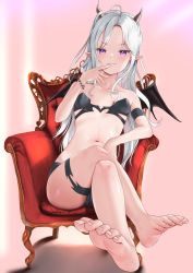 Rule 34 | 1girl, ahoge, armband, barefoot, blush, bracelet, collarbone, commentary request, crossed legs, demon girl, demon horns, finger to mouth, fingernails, flat chest, goldowl, grey hair, highres, horns, jewelry, long hair, looking at viewer, navel, original, parted bangs, pointy ears, purple eyes, sharp fingernails, shiny skin, sidelocks, sitting, smile, soles, solo, toes, wings