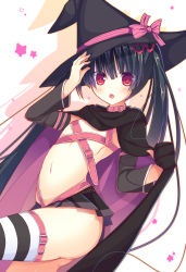 Rule 34 | 1girl, :o, alternate costume, ass, ayachi nene, ayachi nene (cosplay), belt bra, black hair, blush, bow, cape, collarbone, company connection, cosplay, cowboy shot, creator connection, flat chest, hair ribbon, halloween, hat, hat bow, highres, humuyun, long hair, looking at viewer, masamune masashi, masamune shizuru, microskirt, navel, noble works, red eyes, ribbon, sanoba witch, skirt, solo, star (symbol), striped clothes, striped thighhighs, thighhighs, very long hair, witch hat, yuzu-soft