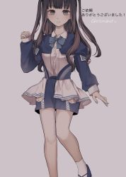 Rule 34 | 1girl, blue bow, blue footwear, blue jacket, blue shorts, bow, brown eyes, brown hair, closed mouth, collared shirt, commentary request, dress shirt, feet out of frame, grey background, highres, jacket, long hair, long sleeves, looking at viewer, original, shirt, shoes, short shorts, shorts, simple background, smile, socks, solo, standing, standing on one leg, translation request, tsuruse, twitter username, two side up, very long hair, white shirt, white socks