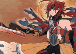 Rule 34 | 1boy, ahoge, bare shoulders, elbow gloves, fate/grand order, fate (series), gloves, long hair, pants, rama (fate), red eyes, red hair, sword, weapon