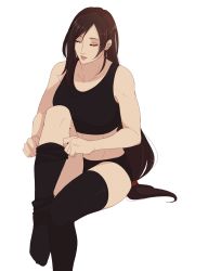 Rule 34 | 1girl, black shorts, black sports bra, black thighhighs, closed eyes, dressing, final fantasy, final fantasy vii, final fantasy vii remake, hanpetos, long hair, low-tied long hair, parted lips, shorts, sike shorts, simple background, sitting, sleeveless, solo, sports bra, stomach, thighhighs, thighhighs pull, tifa lockhart, toned, very long hair, white background