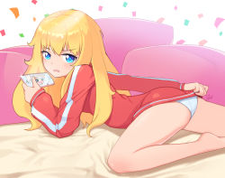 Rule 34 | 10s, 1girl, absurdres, ass, bad id, bad pixiv id, blonde hair, blue eyes, cellphone, company connection, confetti, covering privates, covering ass, dduck kong, doma umaru, doga kobo, gabriel dropout, gabriel tenma white, highres, himouto! umaru-chan, komaru (himouto! umaru-chan), long sleeves, looking at viewer, medium hair, no pants, panties, phone, fake phone screenshot, signature, smartphone, solo, trait connection, underwear, white panties