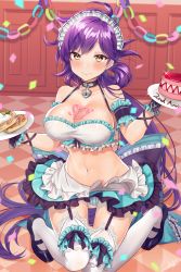 Rule 34 | 1girl, 3:, absurdly long hair, apron, arm garter, bandeau, bare shoulders, black choker, black footwear, blurry, blush, breasts, cake, checkered floor, choker, cleavage, closed mouth, collarbone, commentary request, confetti, crop top, depth of field, embarrassed, food, frilled skirt, frills, garter straps, glint, gluteal fold, groin, hair rings, halterneck, haruyuki 14, heart, highres, holding, holding plate, houchi shoujo, lace, lace-trimmed legwear, lace trim, large breasts, lock, long hair, looking at viewer, low ponytail, maid, maid apron, maid headdress, mary janes, midriff, navel, padlock, pancake, panties, plate, purple hair, reflection, shoes, signature, skirt, sleeveless, solo, stomach, striped clothes, striped panties, sweat, taut clothes, thighhighs, underwear, very long hair, waist apron, white thighhighs, wrist cuffs, yellow eyes