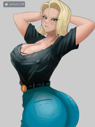 Rule 34 | 1girl, absurdres, android 18, arms behind head, artist name, ass, black shirt, blonde hair, blue eyes, breasts, cleavage, covered erect nipples, denim, dragonball z, grey background, highres, huge ass, jeans, large breasts, looking at viewer, matts128, pants, parted lips, shirt, short hair, short sleeves, simple background, solo