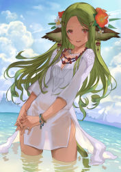 Rule 34 | 1girl, animal ears, breasts, cloud, cowboy shot, dark skin, dark-skinned female, day, dress, flower, green hair, hair flower, hair ornament, hairclip, highres, interlocked fingers, jewelry, long hair, looking at viewer, nurumi, open mouth, original, outdoors, red eyes, see-through, sky, small breasts, smile, solo, tail, wading, water, wet, wet clothes, white dress