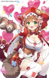 Rule 34 | 1girl, :d, animal hands, ayamy, balloon, blurry, blurry foreground, blush, bow, bowtie, braid, breasts, brown hair, buttons, cleavage, confetti, corset, gloves, green eyes, heart balloon, highres, hood, hood up, knee up, large breasts, long hair, looking at viewer, nijisanji, open mouth, outstretched arm, paw gloves, paw print, plaid, plaid skirt, puffy short sleeves, puffy sleeves, short sleeves, sitting, skirt, smile, solo, thighhighs, twin braids, virtual youtuber, warabeda meijii, watermark, white background, white thighhighs