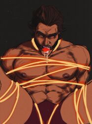 Rule 34 | 1boy, abs, around crotch, ball gag, bara, bdsm, bondage, bound, boxers, dark-skinned male, dark skin, feet out of frame, gag, glowing, glowing eyes, glowing rope, highres, large pectorals, looking at viewer, male focus, male underwear, marvel, mature male, miguel o&#039;hara, muscular, muscular male, navel, nipples, pectorals, red eyes, red male underwear, rope, saliva, shibari, short hair, smokerichi, solo, spider-man: across the spider-verse, spider-man (series), spider-verse, spread legs, thick eyebrows, thighs, underwear, v-shaped eyebrows