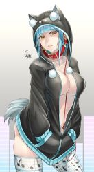 Rule 34 | 1girl, :&lt;, aqua hair, breasts, cleavage, collarbone, contrapposto, hands in pockets, headphones, highres, hood, hoodie, jikeshi, large breasts, musical note, musical note print, naked hoodie, open clothes, original, short hair, skindentation, solo, standing, tail, thighhighs, thighs, white background, yellow eyes