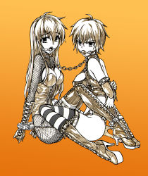 Rule 34 | 2girls, absurdres, arms behind back, ball gag, bdsm, bondage, bondage outfit, boots, bound, breasts, chain, collar, fish.boy, full body, gag, gagged, high heel boots, high heels, highres, linked collar, looking at viewer, monochrome, multiple girls, orange background, original, ring gag, simple background