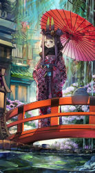 Rule 34 | 1girl, absurdres, architecture, bridge, double bun, east asian architecture, hair behind ear, hair bun, highres, holding, holding umbrella, hololive, hololive english, japanese clothes, kimono, lily pad, long hair, ninomae ina&#039;nis, ninomae ina&#039;nis (new year), obi, official alternate costume, open mouth, pointy ears, purple eyes, purple hair, purple kimono, sash, smile, solo, sunlight, takodachi (ninomae ina&#039;nis), umbrella, virtual youtuber, vyragami, water