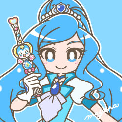 Rule 34 | 1girl, bird, blue choker, blue eyes, blue hair, blurry, blurry background, blush, bright pupils, choker, cure fontaine, gloves, hair ornament, healin&#039; good precure, healing wand, heart, heart hair ornament, high ponytail, highres, holding, holding wand, jewelry, long hair, looking at viewer, magical girl, mayena, outline, penguin, ponytail, precure, puffy sleeves, sawaizumi chiyu, short sleeves, signature, simple background, smile, solo, split ponytail, tiara, upper body, very long hair, wand, white gloves, white outline, white pupils