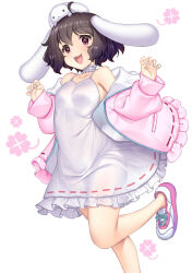 Rule 34 | 1girl, :3, :d, adapted costume, ahoge, alternate costume, animal ears, bare shoulders, black hair, blush, breasts, coat, floppy ears, foot out of frame, happy, hataraki kuma, inaba tewi, medium breasts, off shoulder, open mouth, pink coat, pink footwear, rabbit ears, rabbit tail, shoes, short hair, smile, solo, standing, standing on one leg, tail, touhou