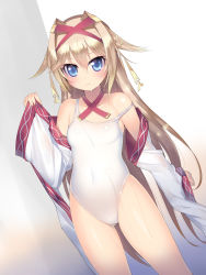Rule 34 | 1girl, 3:, alternate color, alternate costume, alternate eye color, alternate hair color, bare shoulders, blonde hair, blue eyes, blush, covered navel, detached sleeves, dutch angle, hair intakes, hair ornament, hairclip, highres, kashiwamochi yomogi, long hair, looking at viewer, mogami yoshiaki (sengoku collection), one-piece swimsuit, school swimsuit, sengoku collection, shiny clothes, shiny skin, solo, strap slip, swimsuit, very long hair, wet, wet clothes, white one-piece swimsuit