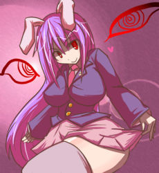 Rule 34 | 1girl, animal ears, bad id, bad pixiv id, blazer, breasts, female focus, gradient background, hakika, heart, hip focus, jacket, large breasts, long hair, plump, purple hair, rabbit ears, red eyes, reisen udongein inaba, skirt, smile, solo, thick thighs, thighhighs, thighs, touhou, wide hips, zettai ryouiki