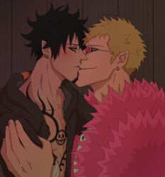 Rule 34 | 2boys, bandages, black hair, blonde hair, blush, chest tattoo, donquixote doflamingo, earrings, facial hair, feather coat, goatee, highres, jewelry, jlhdraws, kiss, looking at another, male focus, multiple boys, one piece, short hair, sunglasses, tattoo, trafalgar law, yaoi
