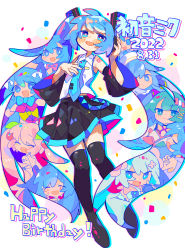 Rule 34 | 1girl, ^ ^, absurdres, aqua bow, bare shoulders, belt, beret, black skirt, black sleeves, black thighhighs, blue belt, blue eyes, blue necktie, blush stickers, bow, bowtie, cherry hair ornament, closed eyes, collared shirt, colorful, confetti, criss-cross halter, crying, detached sleeves, dot nose, double exposure, closed eyes, flat chest, flower, food-themed hair ornament, hair bow, hair flower, hair ornament, hairclip, halterneck, hand on headset, hand on own chest, happy, happy tears, hat, hatsune miku, highres, holding, holding microphone, laughing, leaf hair ornament, light blush, long hair, loose belt, magical mirai (vocaloid), magical mirai miku, magical mirai miku (2018), magical mirai miku (2019), magical mirai miku (2020 summer), magical mirai miku (2021), microphone, midriff peek, mikudayoo, multiple persona, music, necktie, number tattoo, open mouth, pink bow, pink flower, pink hair, pleated skirt, polka dot, polka dot background, red bow, red bowtie, sakura miku, shirt, shoulder tattoo, simple background, singing, skirt, sleeveless, sleeveless shirt, smile, solo focus, streaming tears, tattoo, tears, thighhighs, tie clip, twintails, uenomigi, very long hair, vocaloid, white background, white bow, white headwear, white shirt, wide sleeves, x hair ornament, yellow bow, yuki miku, yuki miku (2021), zettai ryouiki