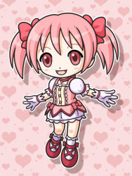 Rule 34 | 10s, 1girl, :d, blush, bow, buttons, chibi, choker, commentary request, cross-laced footwear, dress, gem, gloves, hair bow, haru kanata, heart, heart background, highres, jewelry, kaname madoka, looking at viewer, magical girl, mahou shoujo madoka magica, mahou shoujo madoka magica (anime), open mouth, outline, outstretched arms, pink background, pink dress, pink socks, puffy short sleeves, puffy sleeves, red bow, red eyes, shadow, short hair, short sleeves, smile, socks, solo, two side up, white gloves