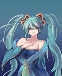 Rule 34 | 1girl, absurdres, aqua eyes, aqua hair, arm behind back, breasts, collarbone, gradient background, hair between eyes, hand on own chest, highres, large breasts, league of legends, long hair, parted lips, smile, solo, sona (league of legends), standing, teeth, twintails, upper teeth only, user ccsj5424