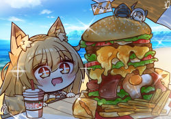 Rule 34 | + +, 1girl, absurdres, animal ears, arknights, beach, benizika, blue sky, blush, brown hair, burger, cameo, ceobe (arknights), ceobe (summer flowers) (arknights), character name, chibi, cookie, cup, day, disposable cup, doctor (arknights), dog ears, dog girl, dog tail, drinking straw, drooling, fang, food, fried egg, highres, official alternate costume, open mouth, outdoors, padlock, padlocked collar, sitting, sky, solo, table, tail, translated, umbrella, vulcan (arknights), yellow eyes