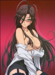 Rule 34 | 10s, 1girl, black hair, blush, breasts, cleavage, female focus, glasses, gradient background, green eyes, hasegawa chisato, large breasts, long hair, official art, open clothes, open shirt, shinmai maou no testament, shiny skin, shirt, solo