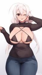Rule 34 | 1girl, ;p, ahoge, bikini, black bikini, blue pants, breasts, brown sweater, commentary, denim, english commentary, gradient background, grey background, hair between eyes, highres, iwbitu, jeans, large breasts, long hair, looking at viewer, low twintails, nyopu, o-ring, one eye closed, original, pants, sweater, swimsuit, tongue, tongue out, turtleneck, turtleneck sweater, twintails, white hair