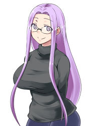 Rule 34 | 1girl, arms behind back, blush, breasts, fate/stay night, fate (series), glasses, huge breasts, large breasts, long hair, medusa (fate), medusa (rider) (fate), official alternate costume, purple eyes, purple hair, rimless eyewear, simple background, smile, solo, square pupils, sweater, white background, zanku