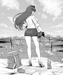 Rule 34 | 10s, 1girl, absurdres, ass, backpack, bag, binoculars, blouse, blunt bangs, canteen, closed mouth, cloud, cloudy sky, commentary, day, fingerless gloves, from behind, frown, full body, garrison cap, girls und panzer, gloves, greyscale, guhanshounen, halftone, hand on own hip, hat, high heels, highres, holding, holding binoculars, kneepits, long hair, looking at viewer, looking back, map, mature female, microskirt, military, military hat, military uniform, miniskirt, monochrome, mountain, nishizumi shiho, outdoors, pencil skirt, shirt, skirt, sky, sleeves rolled up, smoke, solo, standing, straight hair, uniform, walkie-talkie, wind