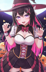 Rule 34 | 1girl, absurdres, azki (hololive), black hair, blush, braid, breasts, cleavage, cleavage cutout, clothing cutout, colored inner hair, dress, fang, french braid, full moon, halloween, halloween costume, hat, highres, hololive, jack-o&#039;-lantern, large breasts, long hair, looking at viewer, moon, multicolored hair, open mouth, pink hair, pumpkin, purple dress, purple eyes, purple hat, purple shorts, purple thighhighs, shirt, shorts, skin fang, smile, solo, streaked hair, thigh strap, thighhighs, typho, virtual youtuber, white shirt, witch hat