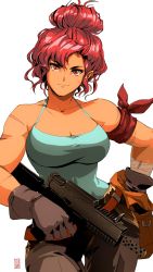 Rule 34 | 1990s (style), 1girl, armband, bare shoulders, belt pouch, breasts, camisole, cleavage, colorized, commentary, curvy, dark-skinned female, dark skin, david liu, english commentary, eyebrows, gun, hair bun, hand on own hip, head tilt, highres, holding, holding gun, holding weapon, large breasts, light smile, looking at viewer, making-of available, maria (space maria), narrow waist, pants, pouch, red eyes, red hair, retro artstyle, revision, scar, short hair, single hair bun, smile, solo, space maria, submachine gun, thigh gap, toned, updo, weapon, white background, wide hips