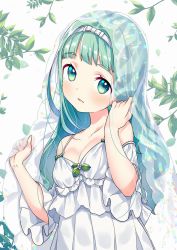 Rule 34 | 1girl, aqua eyes, aqua hair, bare shoulders, blush, bow, breasts, bridal veil, cleavage, detached sleeves, dress, green bow, hair bow, hairband, highres, long hair, looking at viewer, medium breasts, open mouth, original, revision, solo, sparkle, suzuki moeko, veil, white bow, white dress, white hairband