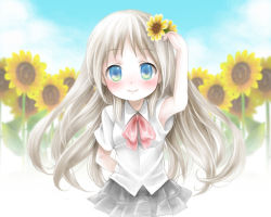 Rule 34 | 1girl, absurdres, blue eyes, bow, flat chest, flower, highres, little busters!, long hair, noumi kudryavka, pink bow, school uniform, silver hair, solo, sunflower, yamori (stom)