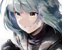 Rule 34 | 1girl, black gloves, bob cut, gloves, green hair, grin, kantai collection, multicolored hair, portrait, purple hair, sailor collar, satsumi, school uniform, serafuku, short hair, smile, solo, streaked hair, take (kancolle), upper body, yellow eyes