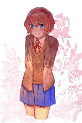 Rule 34 | 1girl, arms behind back, blue eyes, blue skirt, bow, commentary request, cropped legs, doki doki literature club, grey jacket, hair bow, jacket, long sleeves, looking at viewer, open clothes, open jacket, parted lips, pink hair, pleated skirt, red bow, sayori (doki doki literature club), school uniform, short hair, simple background, skirt, smile, solo, sora (efr)