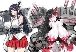 Rule 34 | 10s, 2girls, 774 (nanashi), abyssal ship, areola piercing, bad id, bad pixiv id, bare shoulders, before and after, black hair, blush, breasts, corruption, dark persona, detached sleeves, fishnet pantyhose, fishnets, fusou (kancolle), glowing, glowing eyes, inverted nipples, japanese clothes, kantai collection, lactation, large breasts, long hair, multiple girls, nipple piercing, nipples, pantyhose, personification, piercing, puffy nipples, red eyes, skirt, smile