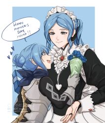 Rule 34 | 2girls, absurdres, black dress, blue flower, closed mouth, commentary, commission, dress, english commentary, english text, fire emblem, fire emblem fates, flora (fire emblem), flower, grey eyes, hair bun, heart, highres, juliet sleeves, kana (female) (fire emblem), kana (fire emblem), long sleeves, looking at another, maid, maid headdress, mother&#039;s day, mother and daughter, multiple girls, nintendo, open mouth, pointy ears, puffy sleeves, sierra117renner, smile, speech bubble, twintails