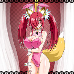 Rule 34 | 1girl, aflo aikawa, animal ears, breasts, cleavage, detached collar, fake animal ears, fox ears, fox tail, huge breasts, long hair, original, playboy bunny, rabbit ears, red eyes, red hair, solo, standing, tail, twintails, wrist cuffs