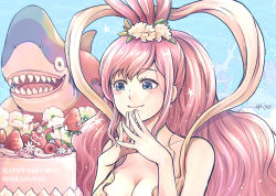 Rule 34 | 1boy, 1girl, birthday, blue eyes, blush, breasts, cake, cleavage, food, fruit, giant, giantess, giving, highres, long hair, looking at another, medium breasts, monkey d. luffy, one piece, pink hair, shark, shirahoshi, smile, strawberry