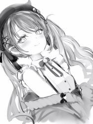Rule 34 | 1girl, bad id, bad pixiv id, blush, closed mouth, dutch angle, ear piercing, earrings, greyscale, hair ornament, hairclip, hat, high-waist skirt, highres, hololive, jacket, jewelry, long hair, looking at viewer, monochrome, nanashi (nlo), neck ribbon, off shoulder, official alternate costume, piercing, pointy ears, ribbon, shirt, short sleeves, simple background, skirt, smile, solo, suspender skirt, suspenders, sweater jacket, tokoyami towa, twintails, upper body, virtual youtuber, white background, x hair ornament