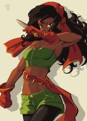 Rule 34 | 1girl, bandana, black hair, black pantyhose, breasts, clenched hand, commentary, dagger, dark-skinned female, dark skin, english commentary, gloves, green shorts, highres, holding, holding dagger, holding knife, holding weapon, joakim sandberg, knife, pantyhose under shorts, long hair, looking at viewer, messy hair, midriff, mina (the iconoclasts), pantyhose, sash, shorts, small breasts, standing, stomach, strapless, the iconoclasts, toned, tube top, very dark skin, weapon, zipper