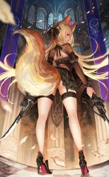 Rule 34 | 1girl, animal ear fluff, animal ears, black bow, black footwear, black skirt, black sleeves, blonde hair, bow, checkered floor, closed mouth, column, detached sleeves, dual wielding, fox ears, fox girl, fox tail, hair bow, high heels, highres, holding, holding sword, holding weapon, indoors, layered skirt, bridal garter, long hair, long sleeves, looking at viewer, looking back, okuma mai, original, panties, pillar, pleated skirt, puffy short sleeves, puffy sleeves, red eyes, shoes, short sleeves, signature, skirt, solo, stained glass, standing, striped, striped bow, sword, tail, underwear, very long hair, weapon, white panties