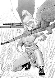 Rule 34 | 1girl, breasts, eyeball, closed eyes, feathered wings, disembodied eye, greyscale, gun, hat, hatching (texture), highres, medium breasts, military, military uniform, monochrome, original, rifle, short hair, solo, uniform, weapon, white hair, wings, witch, witch hat, y naf