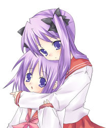 Rule 34 | 00s, 2girls, ascot, blue eyes, blue hair, bow, chin rest, hair bow, hand on another&#039;s arm, head on head, head rest, hiiragi kagami, hiiragi tsukasa, hug, hug from behind, long hair, long sleeves, looking at viewer, lucky star, multiple girls, purple hair, school uniform, serafuku, short hair, siblings, simple background, sisters, twins, twintails, umitosoratomoe, white background
