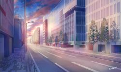 Rule 34 | absurdres, bad id, bad pixiv id, blue sky, building, city, cityscape, cloud, commentary request, fence, hakuurei amano, highres, lamppost, no humans, original, outdoors, road, scenery, shadow, sky, street, sunrise, tree, watermark