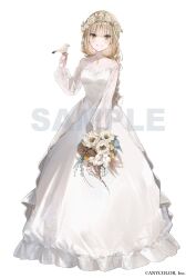 Rule 34 | 1girl, back bow, bird, bird on hand, blush, bouquet, bow, braid, braided ponytail, bride, choppy bangs, dress, flower, full body, head wreath, highres, holding, holding bouquet, holding flower, jewelry, lace sleeves, light brown hair, long dress, long hair, long sleeves, looking at viewer, miwano rag, necklace, nijisanji, official alternate costume, official art, sample watermark, simple background, sister claire, smile, solo, virtual youtuber, watermark, wedding dress, white background, white dress