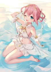 Rule 34 | 1girl, :d, aqua eyes, arms behind back, bare legs, barefoot, bison cangshu, breasts, bridal gauntlets, commentary, from above, full body, hair rings, highres, large breasts, looking at another, navel, open mouth, pink hair, princess connect!, revealing clothes, revision, short hair, sitting, skirt, smile, solo, stomach, white skirt, yui (ceremonial) (princess connect!), yui (princess connect!)