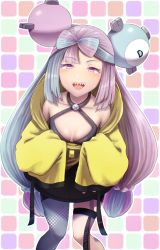 Rule 34 | bow-shaped hair, breasts, character hair ornament, cleavage, cleavage cutout, clothing cutout, creatures (company), game freak, grey pantyhose, hair ornament, hexagon print, highres, iono (pokemon), jacket, long hair, low-tied long hair, multicolored hair, nintendo, oversized clothes, pantyhose, pokemon, pokemon sv, sharp teeth, sleeves past fingers, sleeves past wrists, small breasts, split-color hair, teeth, tsukumo momo, very long sleeves, x, yellow jacket