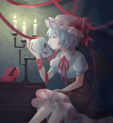 Rule 34 | 1girl, bat wings, black wings, blue hair, bow, cabinet, candlelight, candlestand, closed eyes, collared shirt, colored eyelashes, dark background, frilled shirt collar, frilled skirt, frills, hair between eyes, hat, hat bow, high-waist skirt, high heels, holding, holding skull, indoors, knees up, light blue hair, light particles, long skirt, mob cap, neck ribbon, pink hat, profile, puffy short sleeves, puffy sleeves, qing yang, red bow, red footwear, red ribbon, red skirt, remilia scarlet, ribbon, shadow, shirt, short hair, short sleeves, sitting, skirt, skull, string, string of fate, touhou, unworn footwear, wallpaper (object), white shirt, wings