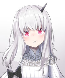 Rule 34 | 1girl, black bow, blush, bow, dress, fate/grand order, fate (series), gradient background, grey background, hair bow, head tilt, horns, lavinia whateley (fate), long hair, looking at viewer, parted lips, polka dot, polka dot bow, purple eyes, silver hair, single horn, solo, twitter username, tyone, white background, white dress