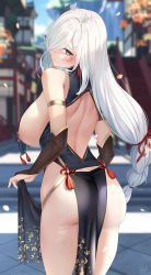 Rule 34 | 1girl, absurdres, areola slip, armlet, ass, bare shoulders, blue eyes, blurry, blurry background, blush, braid, breasts, bridal gauntlets, closed mouth, from behind, genshin impact, hair ornament, hair over one eye, highres, long hair, looking at viewer, looking back, low-braided long hair, low-tied long hair, one eye covered, outdoors, pelvic curtain, shenhe (genshin impact), signature, smile, thighs, u ronnta, white hair