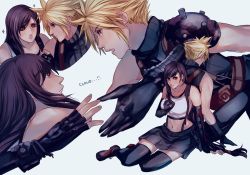 Rule 34 | 1boy, 1girl, armor, back-to-back, bare shoulders, black gloves, black skirt, blonde hair, breasts, brown eyes, brown hair, closed mouth, cloud strife, collarbone, commentary, earrings, elbow pads, english commentary, final fantasy, final fantasy vii, final fantasy vii remake, fingerless gloves, gloves, hand on own chest, holding another&#039;s arm, jewelry, large breasts, long hair, looking at another, low-tied long hair, lying, midriff, navel, open mouth, outstretched hand, pencil skirt, reaching, sera (serappi), shirt, shoulder armor, sitting, skirt, sleeveless, sleeveless shirt, spiked hair, square enix, suspender skirt, suspenders, swept bangs, tank top, taut clothes, taut shirt, tifa lockhart